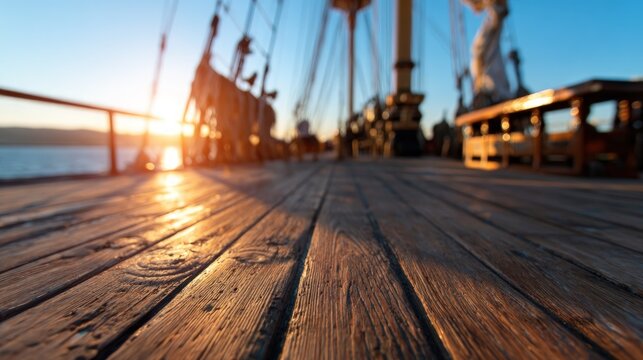 Warm sunlight on weathered wooden deck of sailing ship with ocean view at sunset or sunrise
