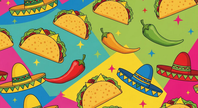 Vibrant mexican food pattern with tacos sombreros and chili peppers on colorful background