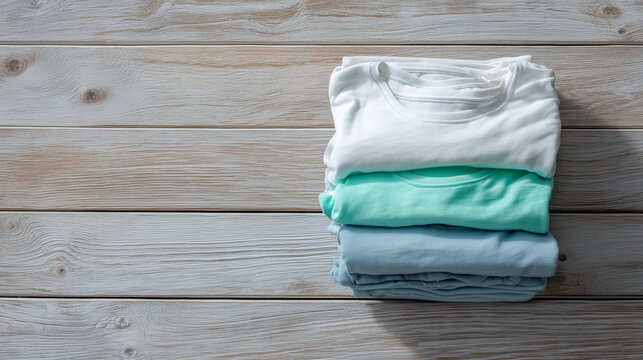 Folded pastel t shirts stacked on wooden table