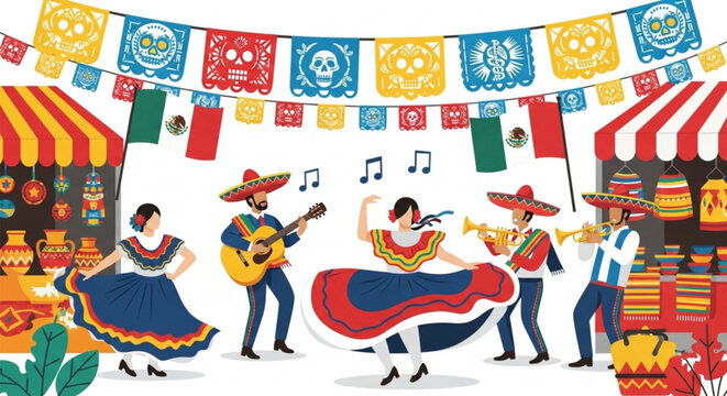 Vibrant mexican fiesta scene with musicians and dancers in traditional attire under colorful flags