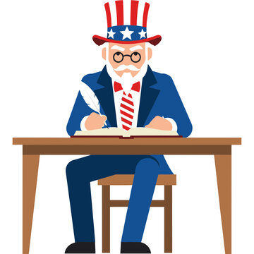 Elderly man dressed as Uncle Sam sitting at a wooden desk writing in a book with a quill