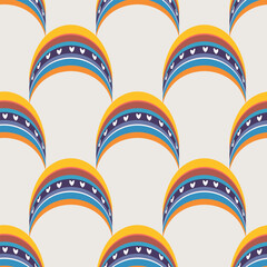 Trendy seamless pattern with colorful rainbow on color background. Design for invitation, poster, card, fabric, textile, fabric. Cute holiday illustration for baby. Scandinavian doodle style.