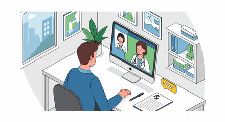 Fototapeta premium Telemedicine and Online Healthcare: Man Consulting with Doctors via Video Call on Computer for Remote Medical Advice and Prescription