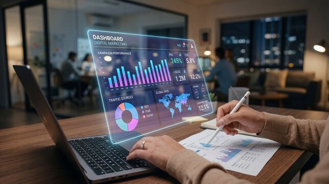 Digital advertising and marketing analytics showcase ad performance, customer engagement insights, social media strategy, and ROI measurement on a professional's dashboard.