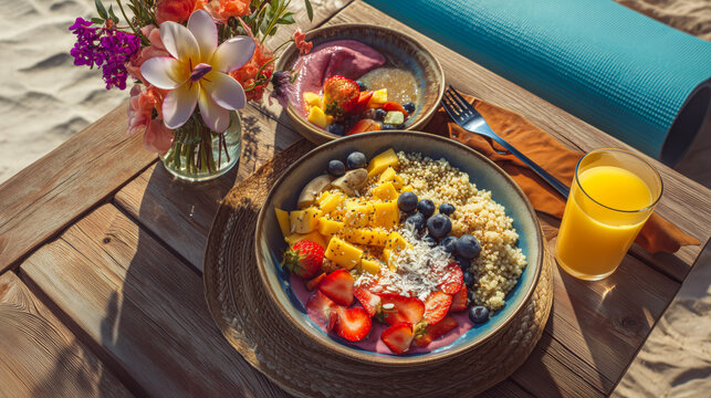 Colorful beachside fruit breakfast bowl on a wooden table