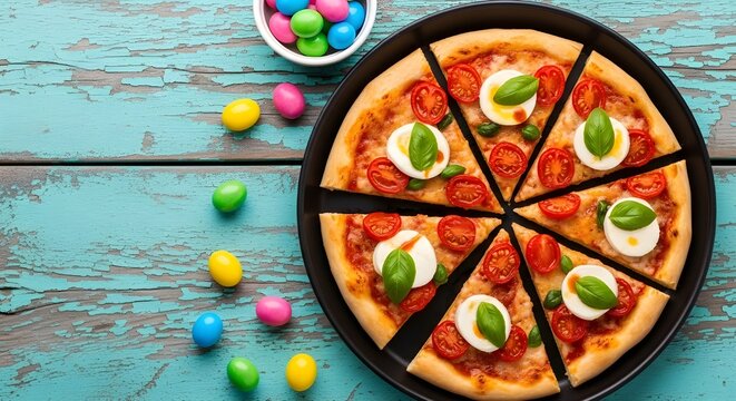 Top view of a sliced pizza with cherry tomatoes, mozzarella and basil leaves on a rustic blue wooden table with colorful candy eggs