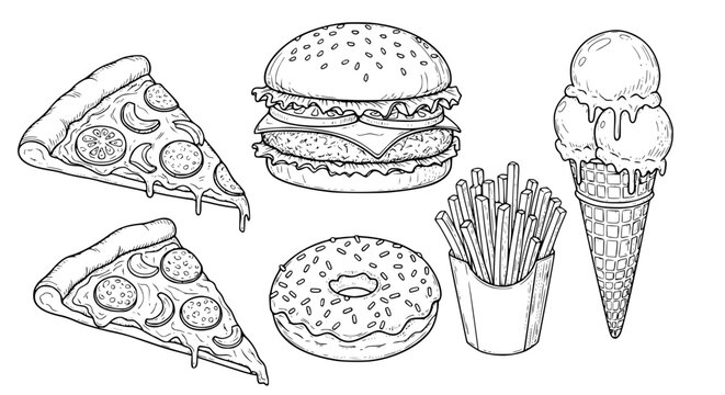 Hand drawn illustration Food: A tasty assortment of classic fast foods, including pizza slices, a burger, fries, ice cream cone, and donut, illustrated in a clean, appealing monochrome style.