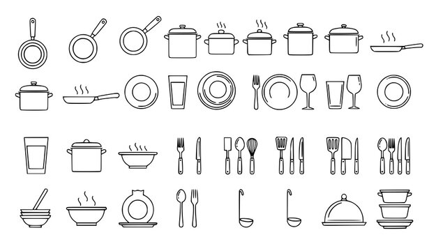 Editable stroke cookware and dining tableware outline icon set vector