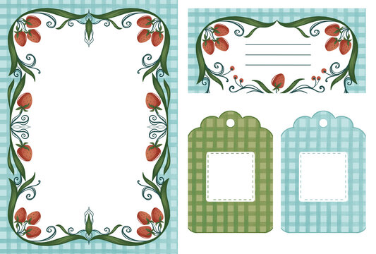 Strawberry themed decorative frames and labels set, vintage floral design with gingham pattern, printable template, digital illustration