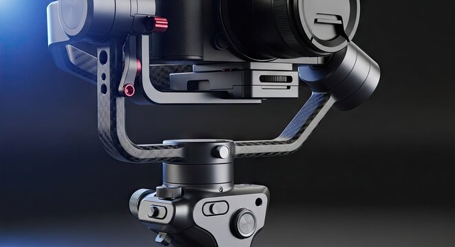Modern electronic camera stabilizer device isolated on dark background for videos