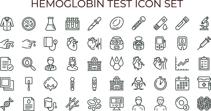 Hemoglobin test medical laboratory line icon set for blood diagnostics healthcare analysis interface symbols vector clinical applications
