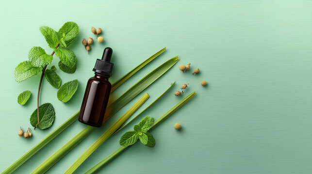 Essential oil bottle with mint and lemongrass on green background