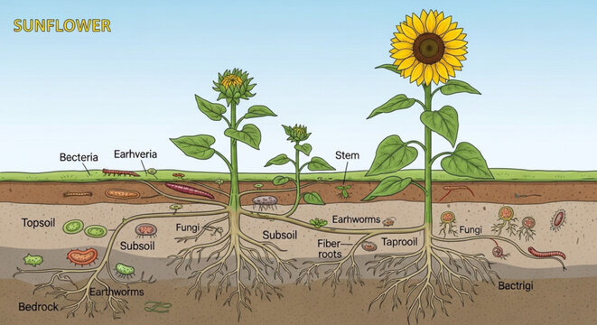 Educational diagram of sunflower plant anatomy and soil biology with microorganisms
