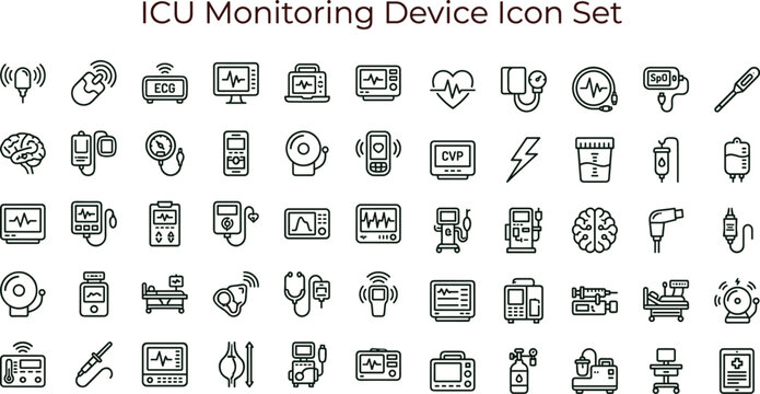ICU monitoring device medical line icon set for intensive care diagnostics healthcare equipment interface symbols vector clinical applications