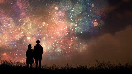 Fototapeta premium Silhouetted couple watching fireworks over a hill