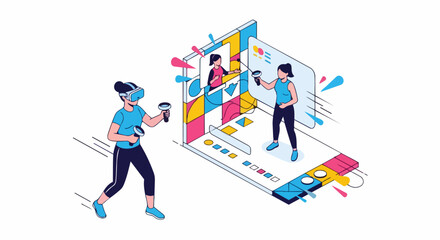 Fototapeta premium Futuristic Virtual Reality Experience: Isometric Illustration of Woman Using VR Headset and Controllers to Interact with Interactive Digital Platform and Metaverse UI
