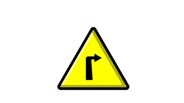 Animated video footage of sharp right turn traffic signs, suitable for use as warning screen footage for cars, motorbikes, buses, trucks, trailers, containers, gaming, electric bicycles, education, 