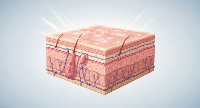 Anatomical cross section of human skin layers showing epidermis dermis and subcutaneous tissue with hair follicles in detailed medical illustration