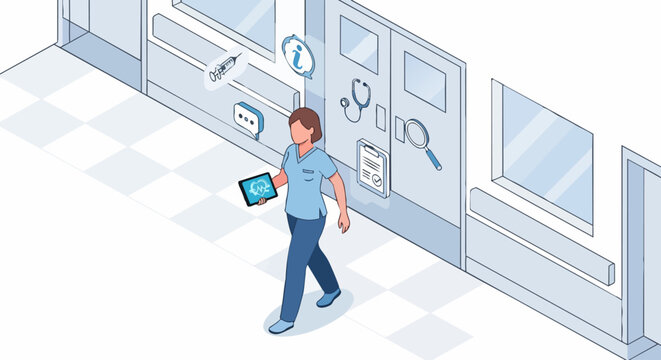 Isometric Medical Professional in Hospital Hallway Using Tablet for Patient Monitoring and Healthcare Technology Management