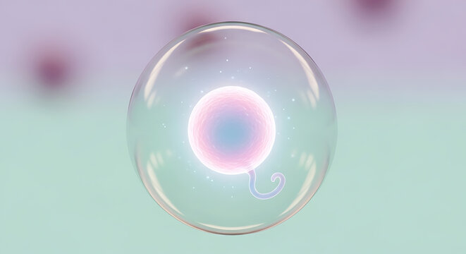 Glowing cell in a bubble, symbolizing fertilization or early life development, biological science concept