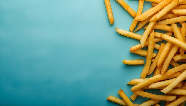 A pile of golden French fries on a blue background