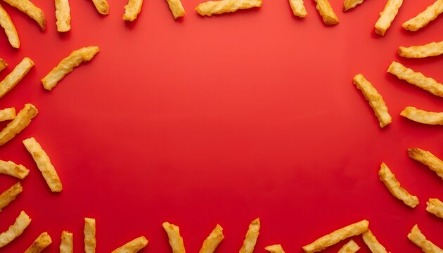 A vibrant red background with a border of crispy golden french fries scattered around the edges