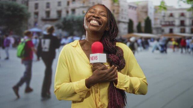 Young african american woman reporter wearing yellow shirt and braids holds red microphone with both hands and smiles on a busy street; community joy.
