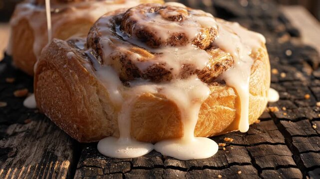 Closeup of a sweet cinnamon roll with icing on a wooden surface 4k video