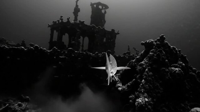 Black and white underwater cinematic view of a fish swimming near a sunken ship and coral reef