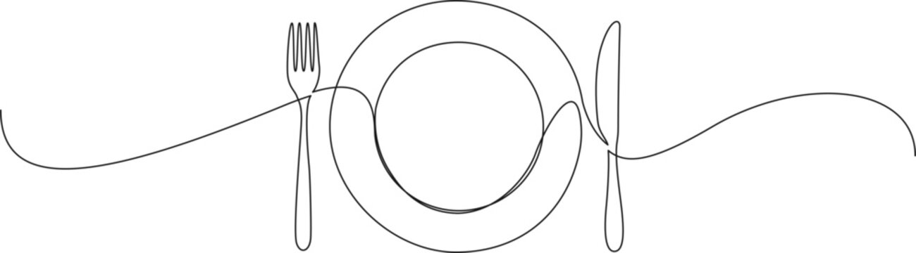 continuous line drawing of plate and cutlery, dinner or lunch symbol, line art vector illustration