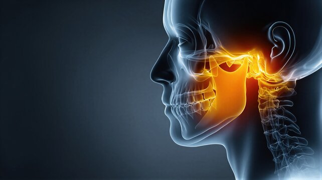 Profile view of human head showing jaw bone with inflammation. Medical visualization of temporomandibular joint pain. Human anatomy study for dentistry, orthopedics and diagnostic healthcare.