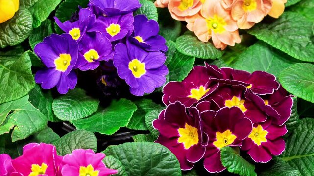 Primrose Timelapse of First Spring Flower Blossom. Primula Vulgaris Background