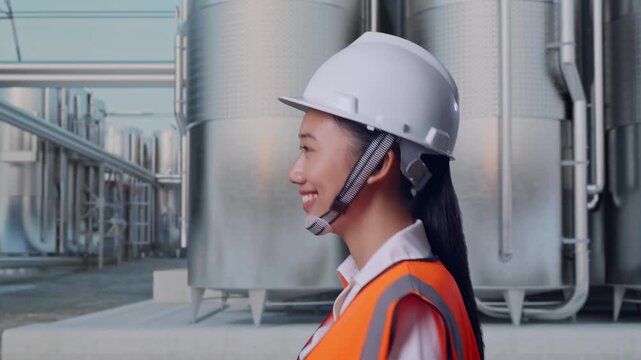 Side View of Asian Female Engineer Walking at Industrial Chemical Plant with Row of Stainless Steel Storage Silos