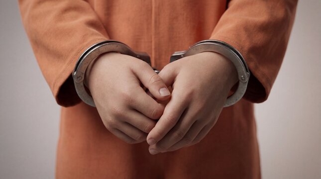 Close-up of child's small hands handcuffed in front wearing orange prison jumpsuit, symbolizing juvenile justice or metaphorically