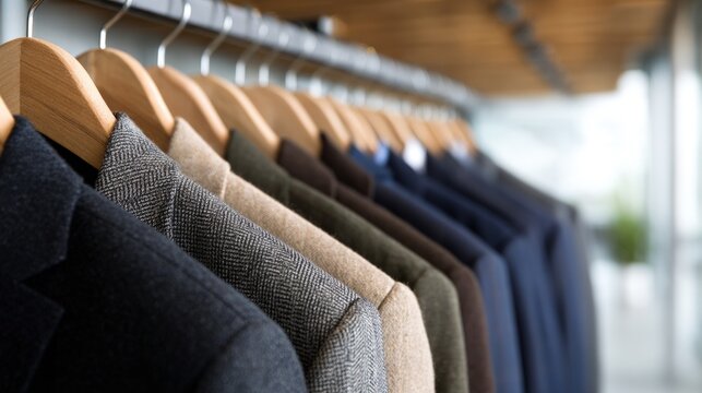 Menswear collection blazers suit jackets business casual attire professional fashion display wardrobe hanger apparel textile pattern fabric selection neutral colors
