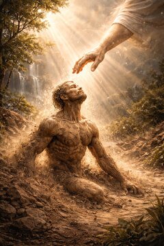 The hand of God touches a man formed from earth amid sunlight in a forest near a waterfall &mdash; a biblical scene of the creation of Adam in the style of classical painting