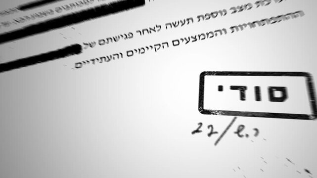 Classified looking military intelligence document with censored text in Hebrew language. Camera moves over information stopping on the word Secret in Hebrew stamped on the sanitized file or report