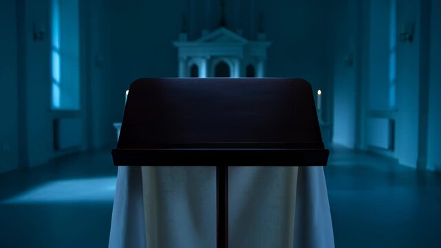 Empty Lectern in a Church or Chapel With Candles Lit, Dramatic Lighting