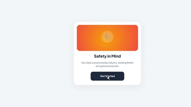 Mobile App Onboarding UI Card with Safety Security Concept Featuring Abstract Shield Icon Glowing Gradient Header and Interactive Get Started Button Isolated on White Background
