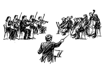 Conductor leading a symphony orchestra, dynamic silhouettes of people in an orchestra   Classical Orchestra   Conductor   String Orchestra   Violin, Viola, Cello, Celli, Bass   Music   Instruments  © Lora Bach