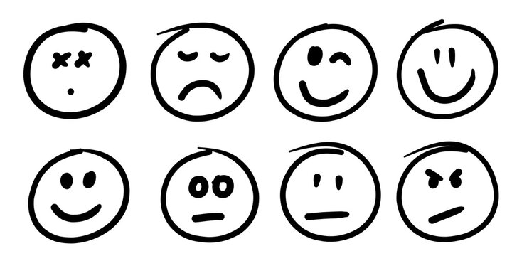 illustration: hand drawn doodle faces and emojis isolated on white or transparent png
