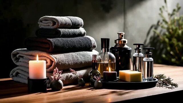 A stack of towels candles and other items on a table