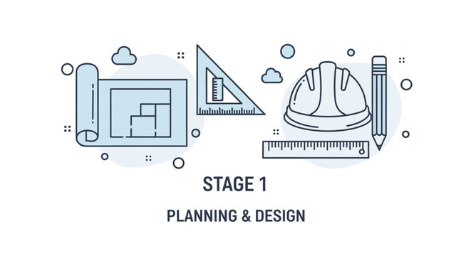 Planning and Design Blueprint Sketch Infographic with Hard Hat, Pencil, Ruler, and Gears on Isolated White Background