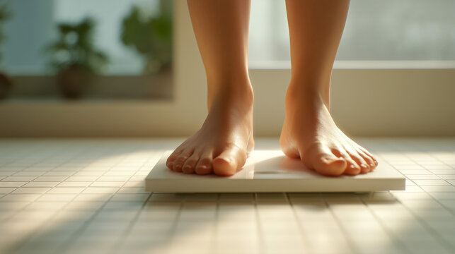 Feet on a bathroom scale in warm sunlight