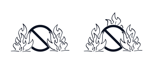 Obraz premium Attention, stop do not open fire or campfire flame. No flames allowed sign. Forbidding camping beach forest. For red, orange and yellow Fire flames. No bonfires, flamme icon
