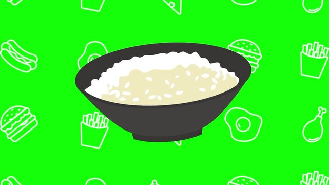 Cooked rice in a black bowl animated cartoon vector with foodie icon background on green screen. Food idea, grain, carbohydrate symbol. Popup animation template design element