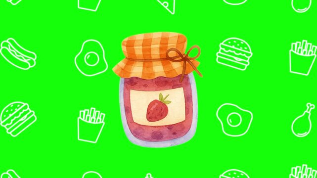 Strawberry jelly jam in a glass jar animated cartoon vector with foodie icon background on green screen. Food idea, cozy, sweet symbol. Popup animation template design element