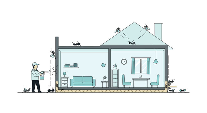 A detailed cross-section illustration reveals a residential house infested with various insects while a professional pest control worker sprays the exterior walls.