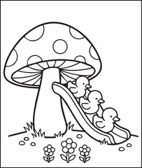 Naklejka premium Cute ducks playing on beautiful mushroom black outline vector illustration coloring page for kids