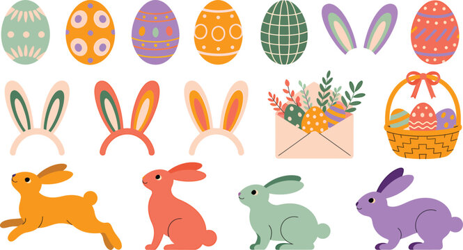 Vibrant Easter Elements Collection Adorned Eggs, Whimsical Bunny Ears, and Playful Rabbits